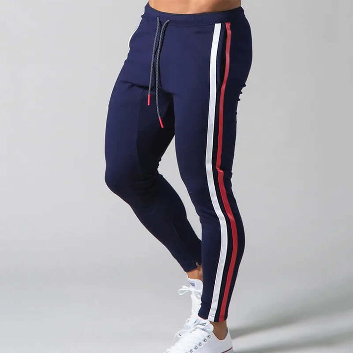 Stylish men's stripe skinny pants, a modern choice for comfortable casual and active outdoor apparel.