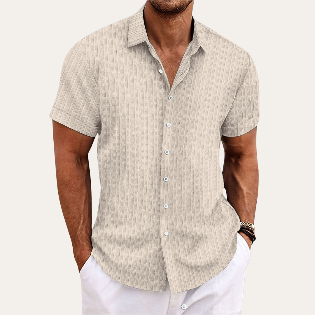 Classic striped men's short-sleeve collared shirt with a button-down front for versatile wear.
