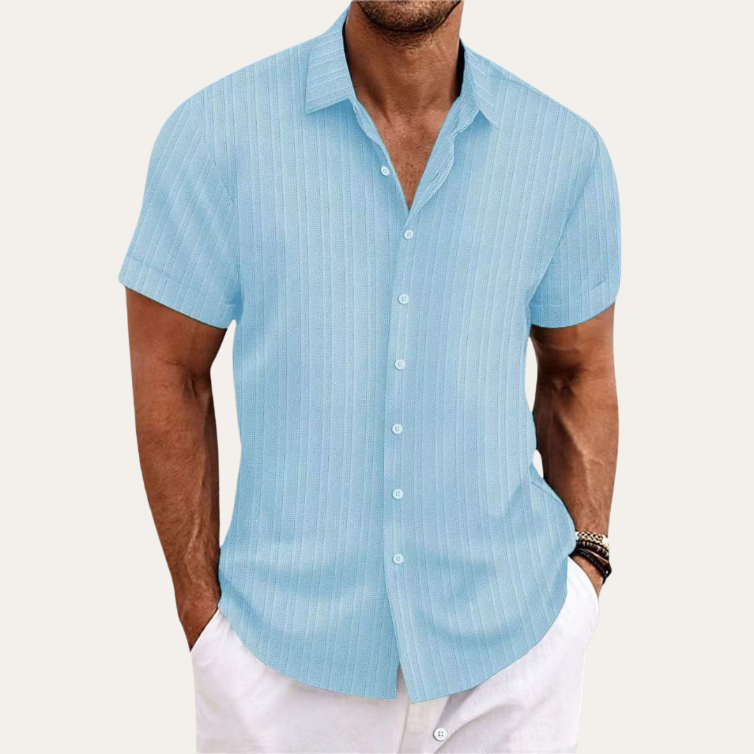 Stylish men's short-sleeve collared shirt featuring a crisp striped pattern and practical button-down front.