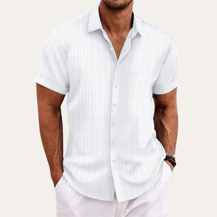 Men's smart casual striped short-sleeve button-down shirt. A versatile modern fit collared shirt for summer.