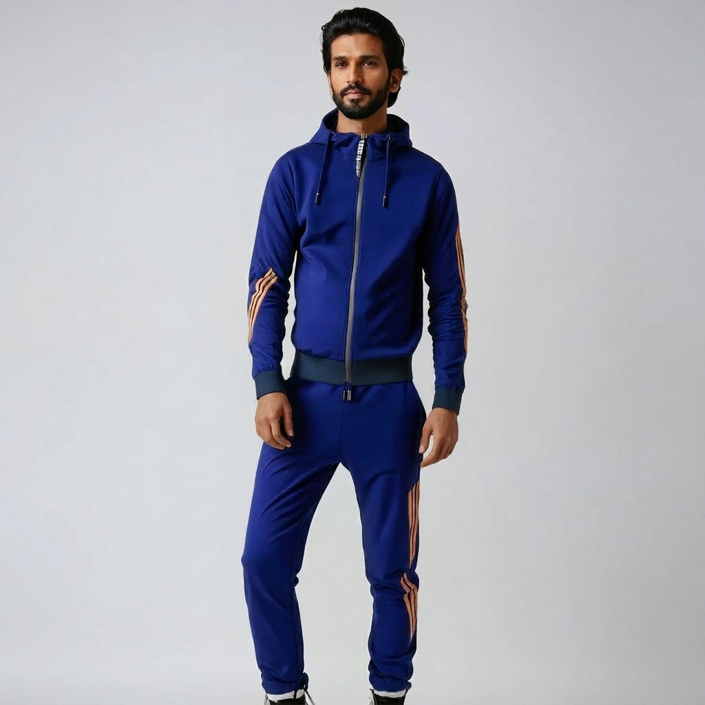 Men's stylish striped tracksuit set with zip hoodie. Ideal for casual wear & comfort.