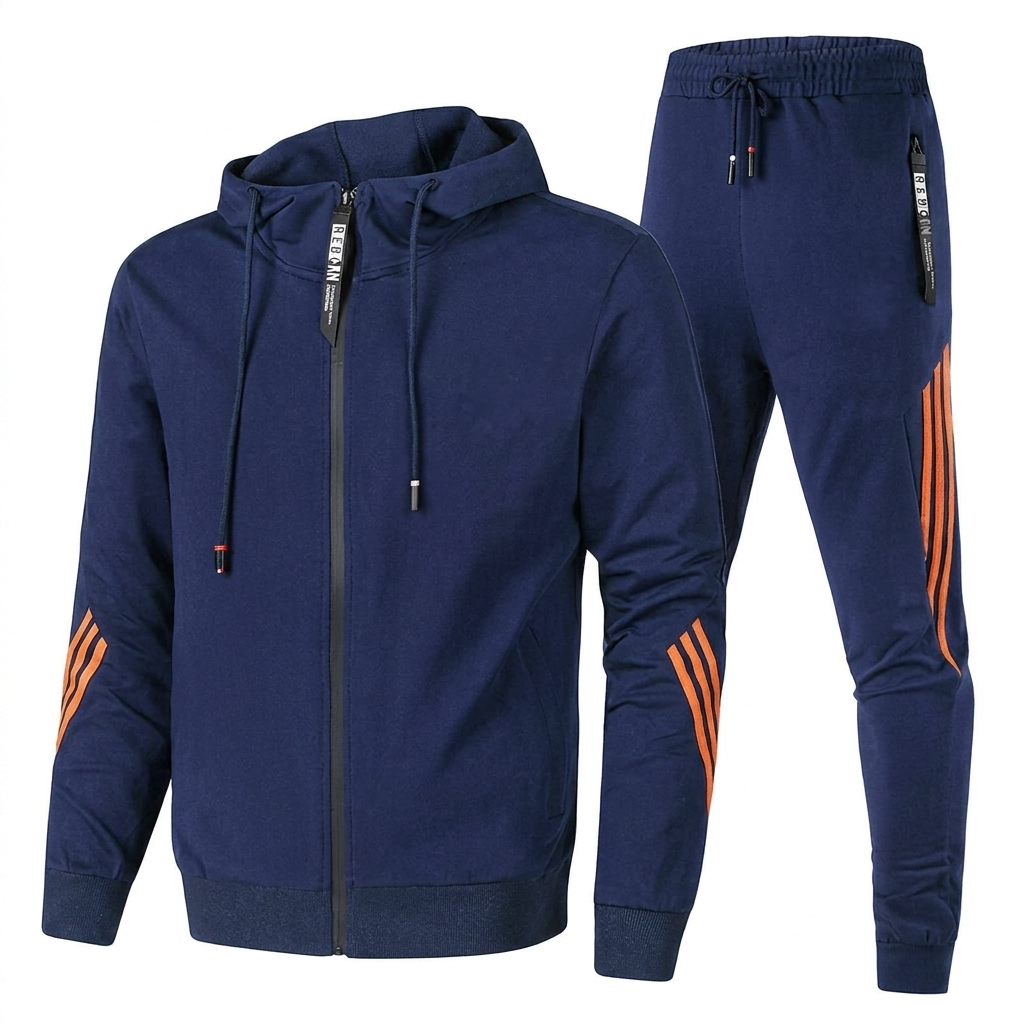 Comfortable men's striped jogging suit, a two-piece loungewear set with a stylish zip hoodie.