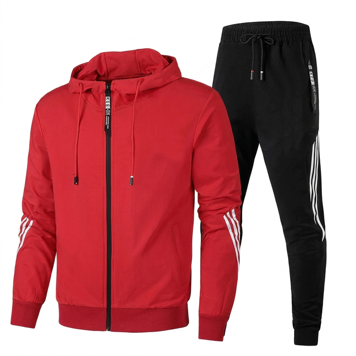 Sporty men's activewear tracksuit with a striped design & full zip hoodie for athletic use.