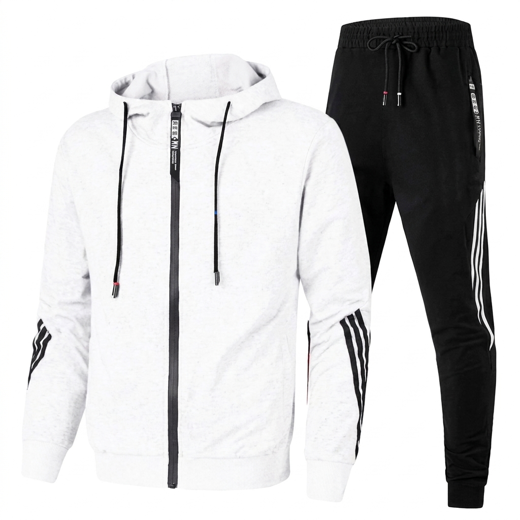 Versatile men's striped athletic wear, a stylish zip hoodie tracksuit set for active or casual use.