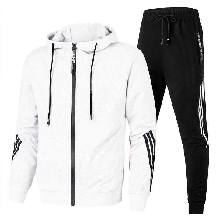 Versatile men's striped athletic wear, a stylish zip hoodie tracksuit set for active or casual use.