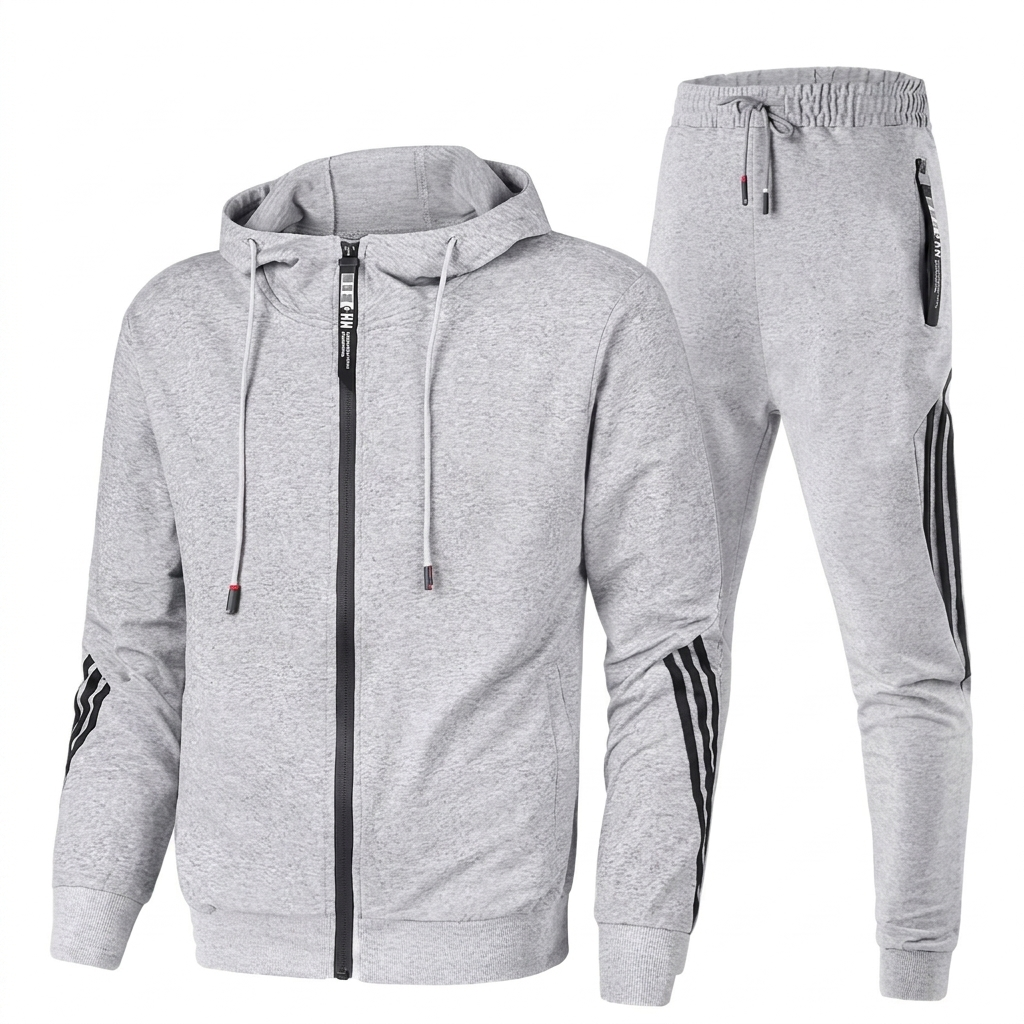 Modern striped men's tracksuit set with a convenient full zip hoodie for a contemporary look.