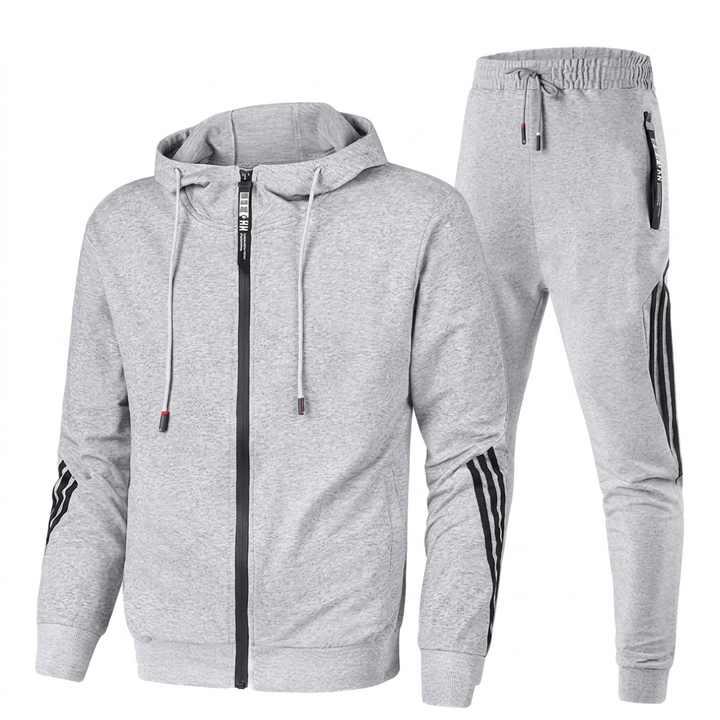 Modern striped men's tracksuit set with a convenient full zip hoodie for a contemporary look.