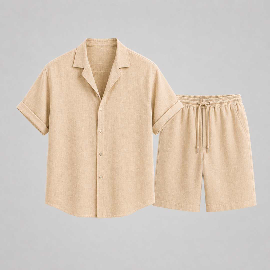 Men's stylish summer set: coordinated camp collar shirt & comfy drawstring shorts for casual chic.