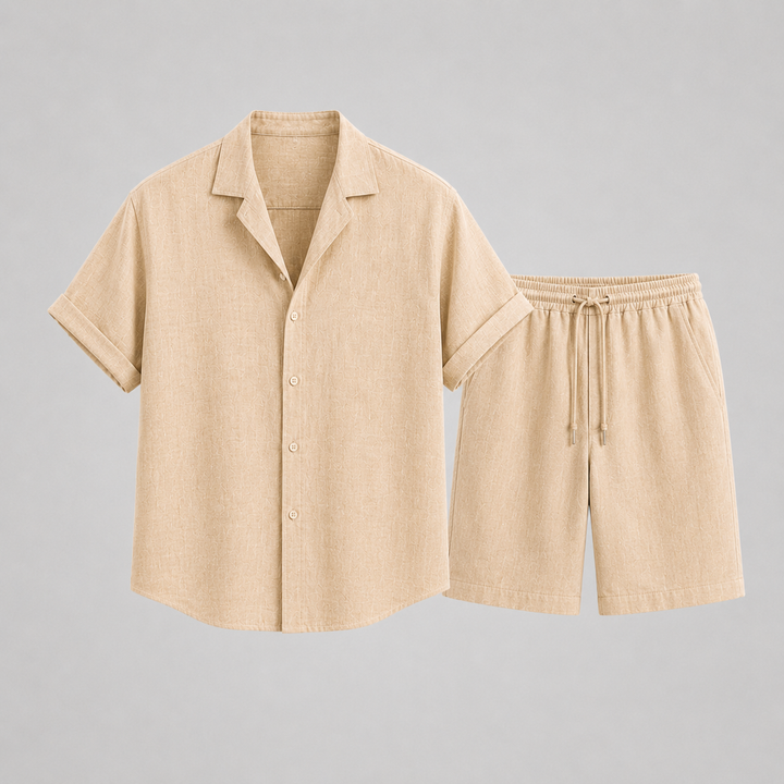 Men's stylish summer set: coordinated camp collar shirt & comfy drawstring shorts for casual chic.