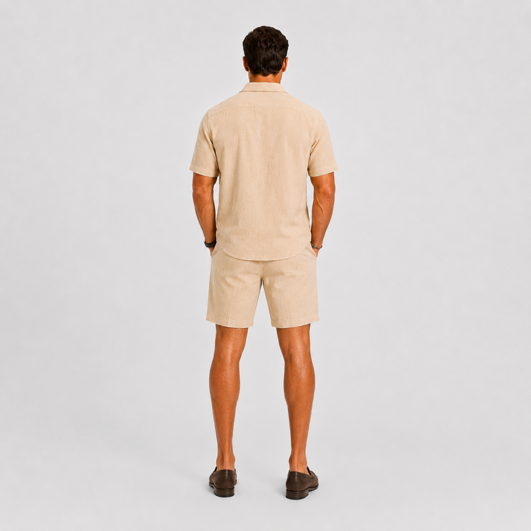 Versatile men's coordinated spring summer outfit. Stylish shirt and comfortable drawstring shorts.