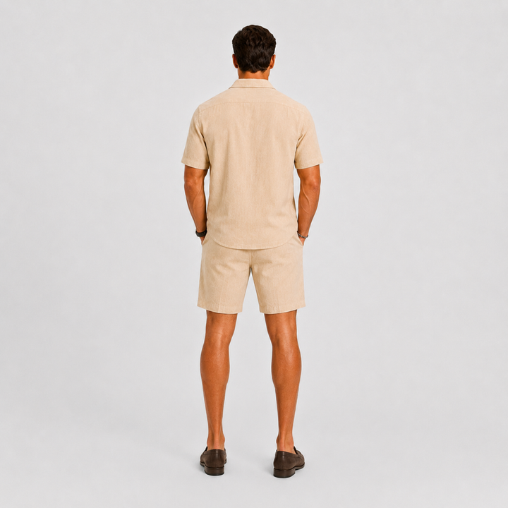 Versatile men's coordinated spring summer outfit. Stylish shirt and comfortable drawstring shorts.