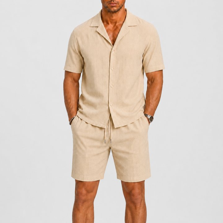 Men's smart casual summer set: lightweight shirt with camp collar & comfortable shorts for warm weather.