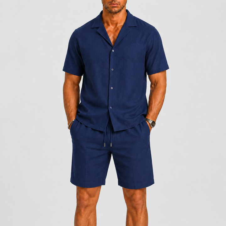 Stylish men's fashion summer set: a comfortable, breathable camp collar shirt & drawstring shorts.