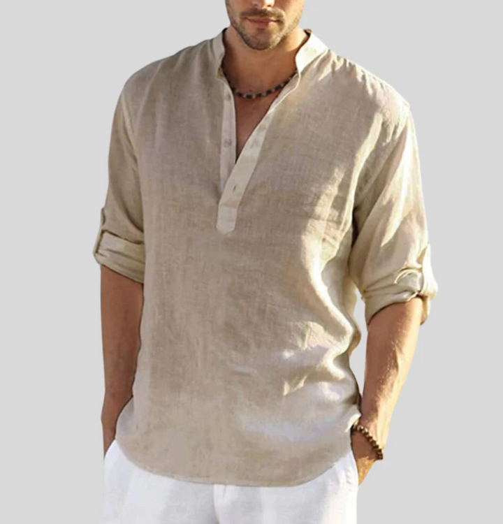 White men's casual button-down shirt. Lightweight, breathable, regular fit. Perfect for summer style.