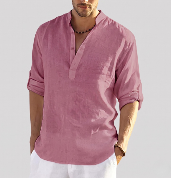 Pink men's stylish button-down shirt. Lightweight, breathable fabric & comfortable regular fit for summer.