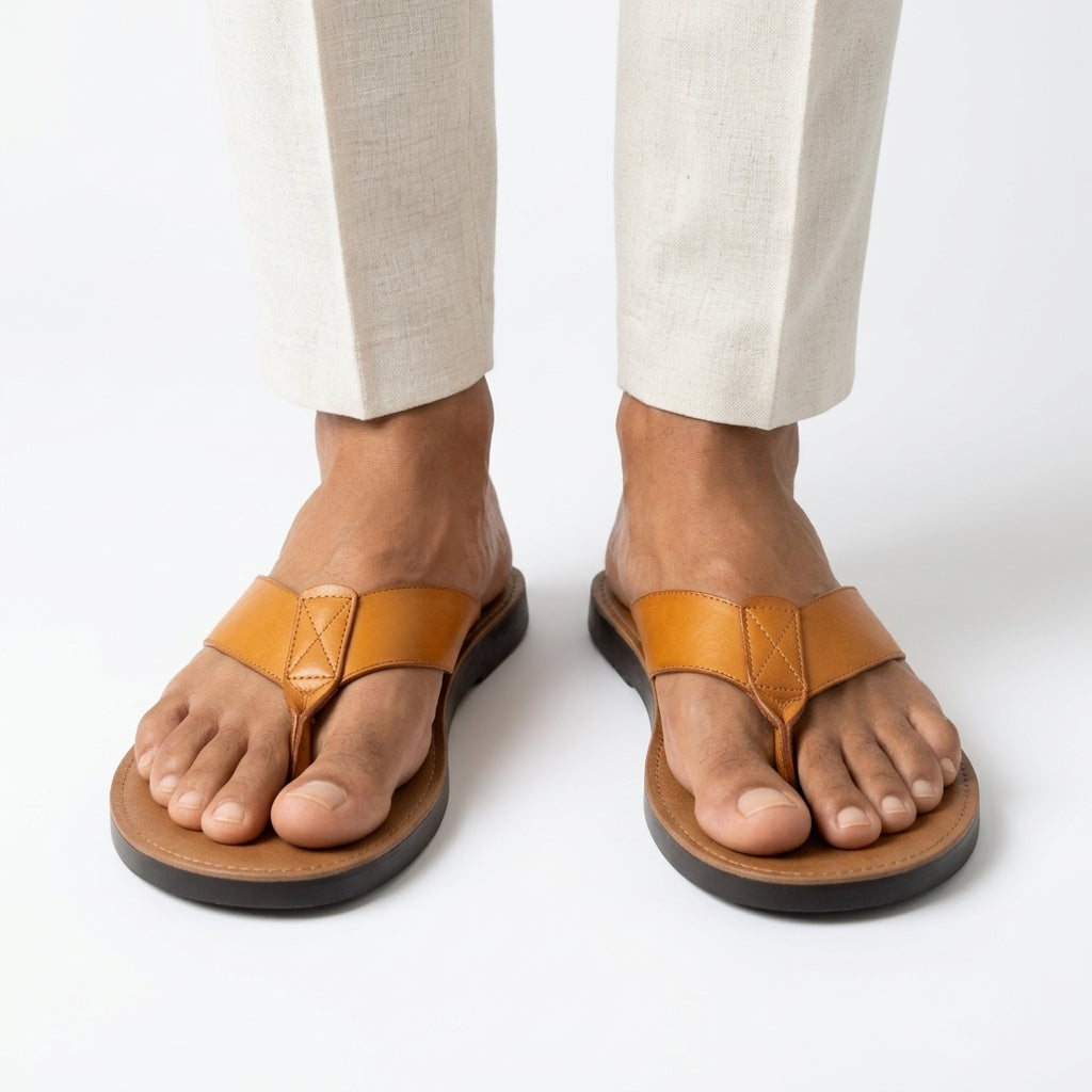 Men's stylish toe post summer sandals in brown leather. Casual slip-on footwear for beach & everyday comfort.