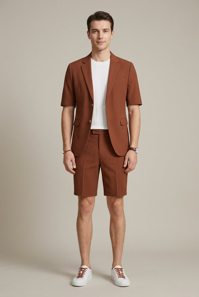 Men's stylish two-piece short sleeve blazer & matching shorts set, perfect for smart casual summer fashion.