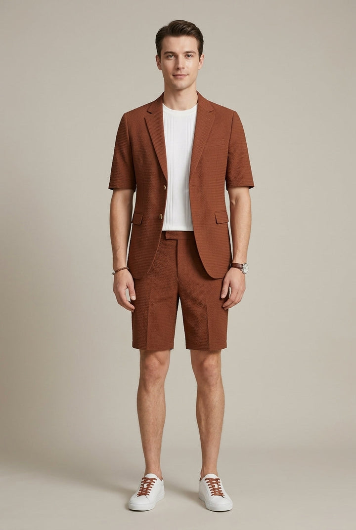 Men's stylish two-piece short sleeve blazer & matching shorts set, perfect for smart casual summer fashion.