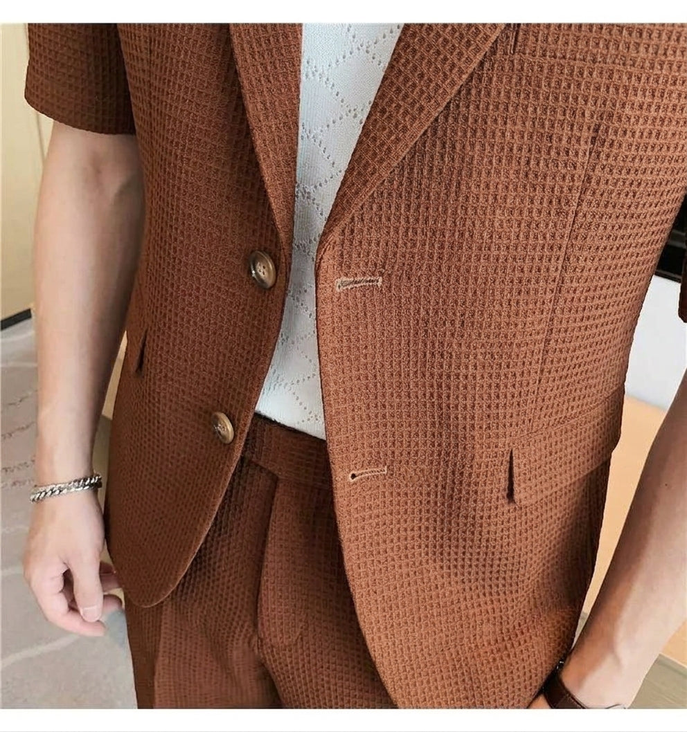 Men's summer suit set featuring a short sleeve blazer & matching shorts. Ideal for casual spring/summer wear.