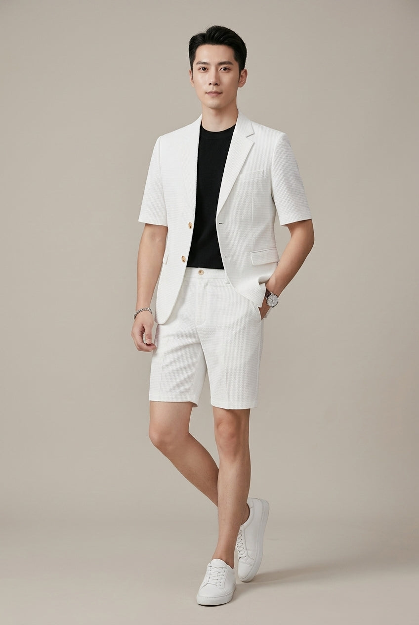 Versatile men's two-piece short sleeve blazer & shorts set. A trendy smart casual outfit for summer fashion.