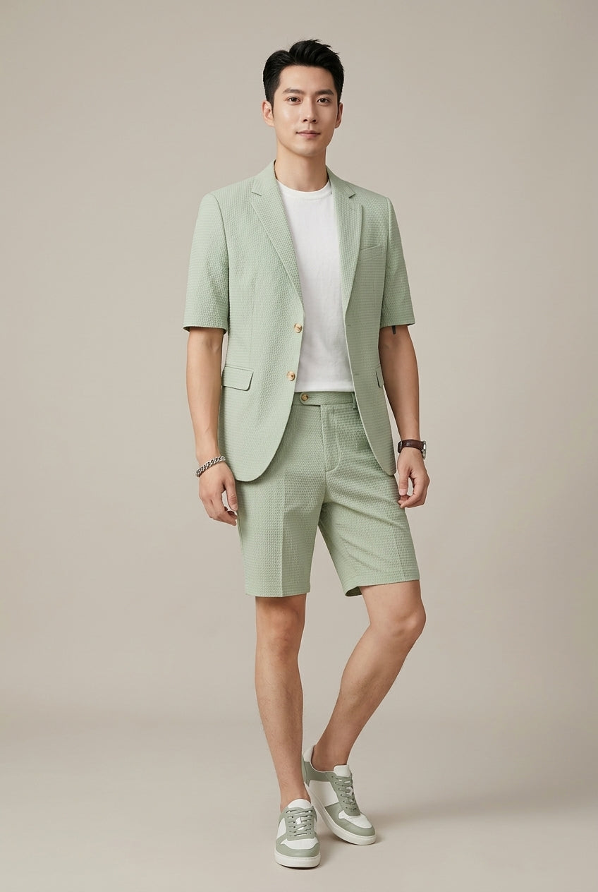 Men's smart casual short sleeve blazer & shorts suit set, great for warm weather & events.