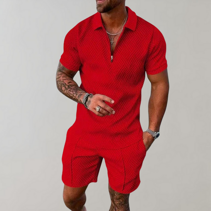 Fashionable men's summer set: short-sleeve polo shirt & comfortable shorts, ideal for warm weather style.