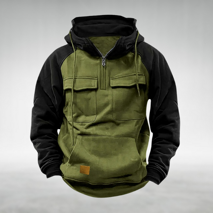Comfortable men's two-tone winter hoodie with a layered look. Ideal warm pullover for stylish casual wear.