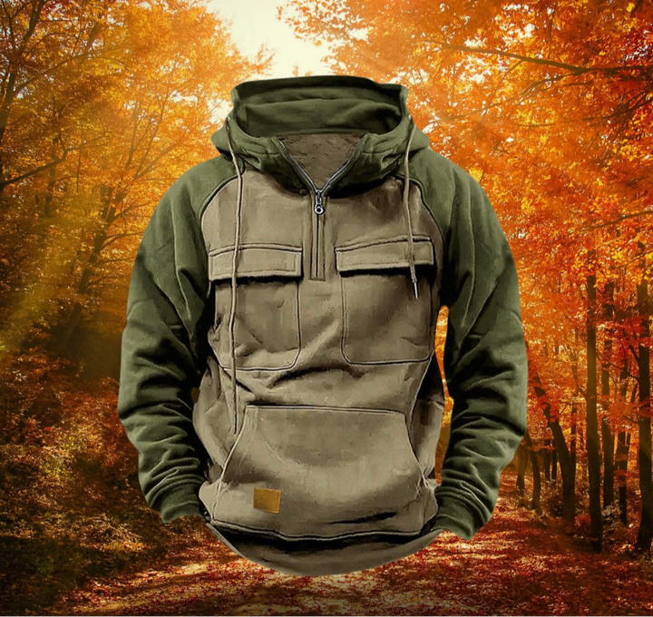 Stylish men's winter fashion hoodie. Two-tone warm pullover perfect for a modern casual and layered look.