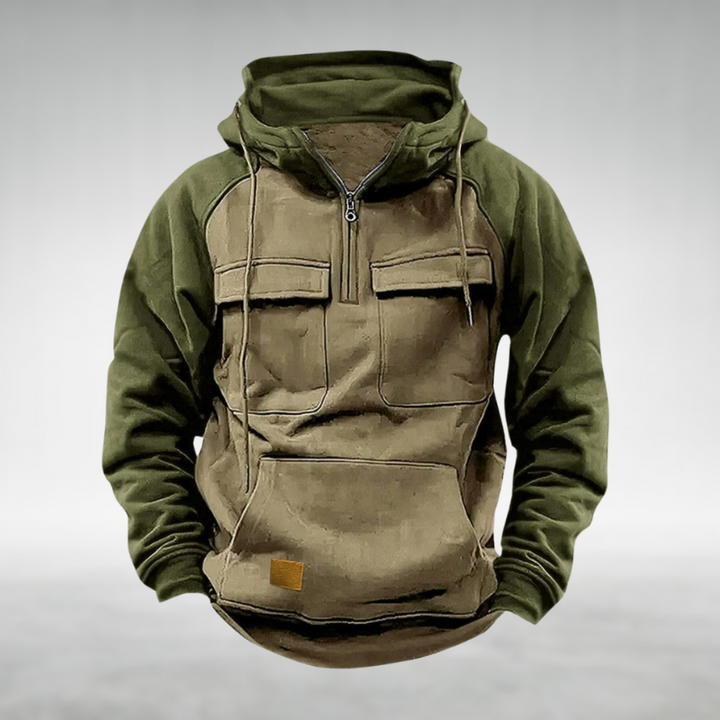 Practical men's warm winter hoodie. A multifunctional pullover offering comfort and style for cold outdoor days.