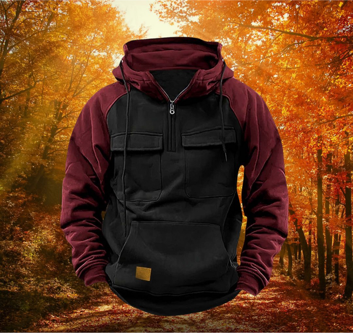 Two-tone men's winter hoodie featuring a layered look. Versatile warm pullover for casual, stylish, & outdoor wear.