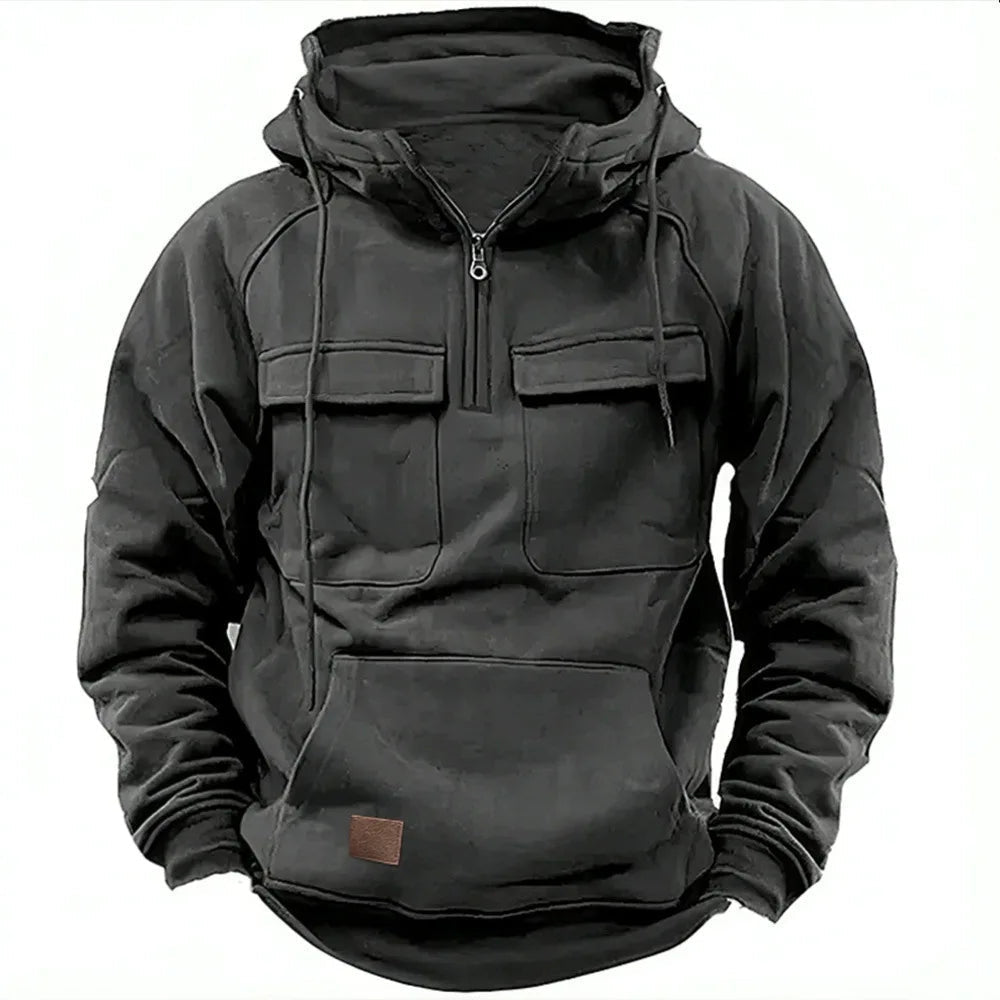Men's warm winter hoodie, doubling as a stylish outdoor jacket. Multifunctional comfort apparel for all men.