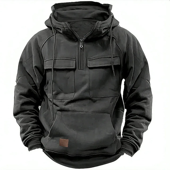 Men's warm winter hoodie, doubling as a stylish outdoor jacket. Multifunctional comfort apparel for all men.