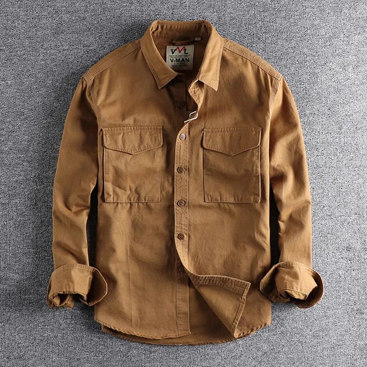 Military green men's utility shirt with pockets, comfortable for casual outfits & modern style.