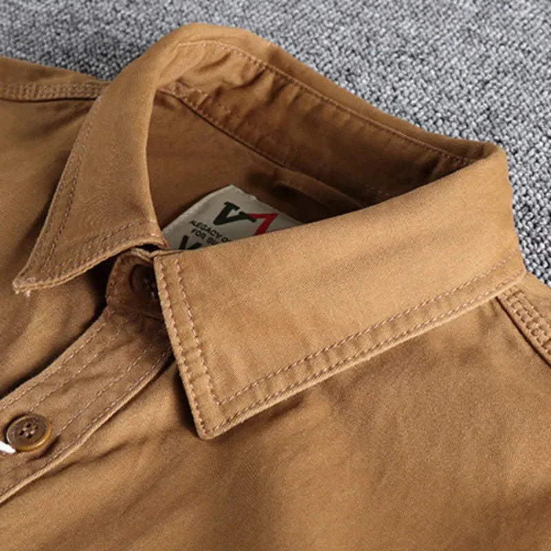 Khaki men's casual utility shirt, comfortable & stylish for versatile everyday fashion.