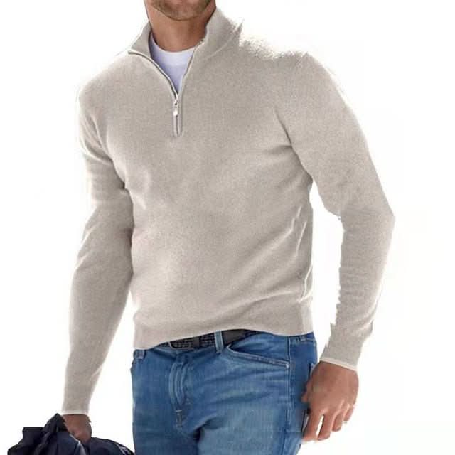 Classic men's knitted V-neck zip pullover. Comfortable long-sleeve sweater for smart casual style.