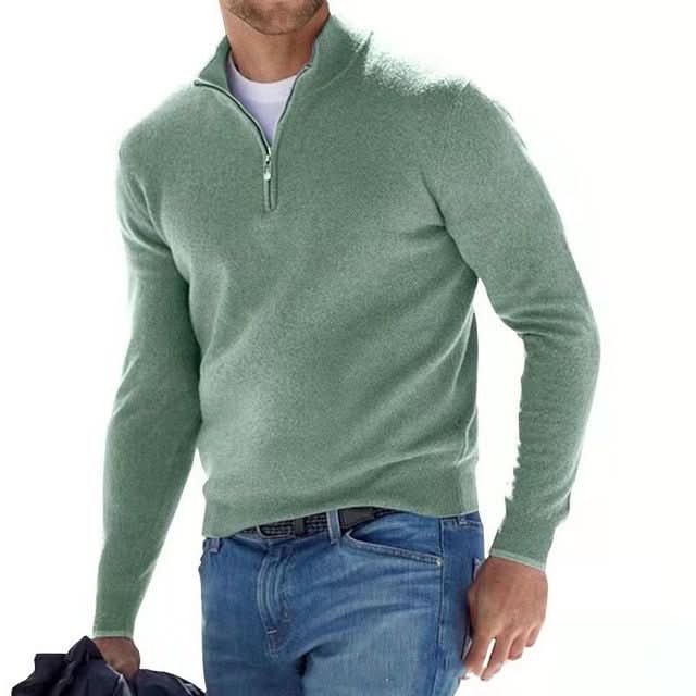 Comfortable men's V-neck zip jumper. Stylish long-sleeve pullover for modern menswear.