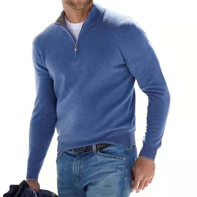 Men's fashion V-neck zip-up jumper. Knitted sweater offering casual warmth and style.