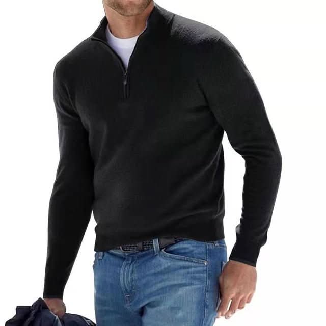 Smart casual men's V-neck knitted jumper with a stylish zip. Comfortable long-sleeve design.