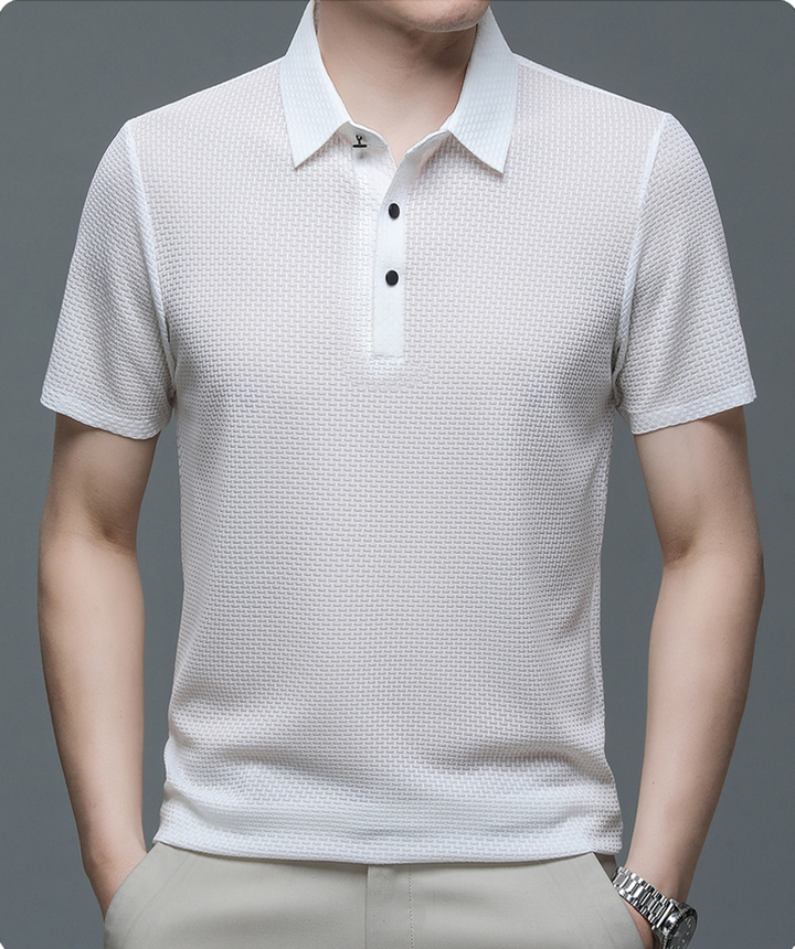 Man enjoying an outdoor day in a comfortable, stylish men's button-up polo shirt for summer fashion.