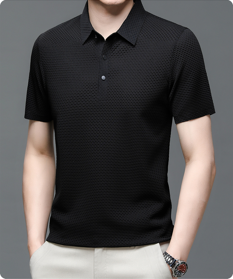 Men's breathable green short sleeve polo shirt, designed for summer comfort and casual everyday style.