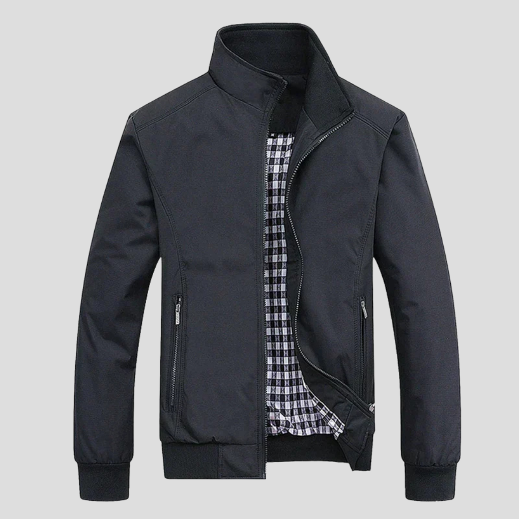 Men's stylish wind-resist full-zip jacket in navy, perfect casual outerwear & travel gear for breezy days.