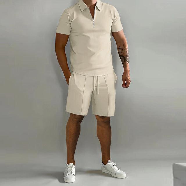 Men's stylish zip polo shirt and matching shorts casual two-piece set, perfect for summer comfort and weekend wear.