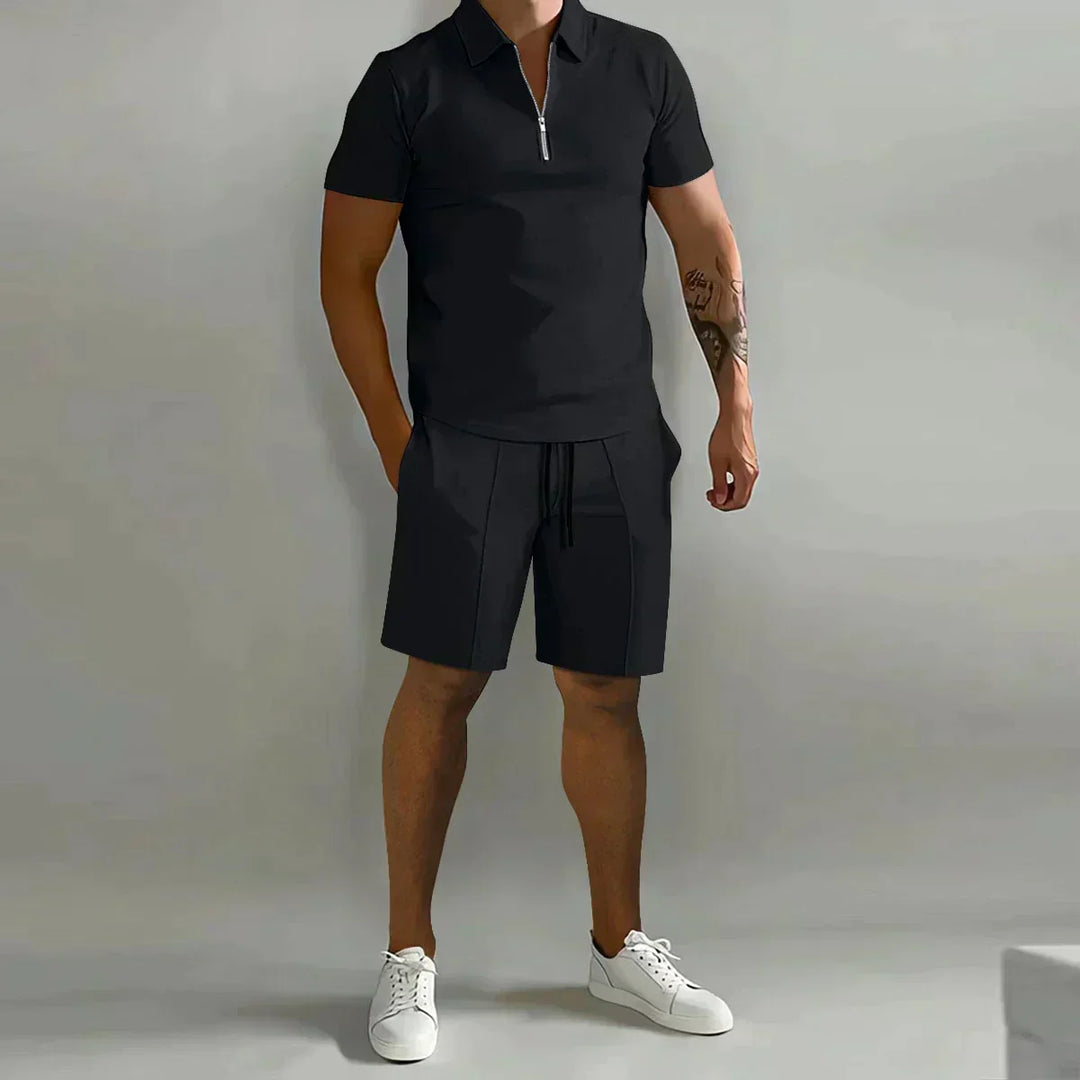 Stylish men's casual two-piece set: a zip polo shirt and shorts, perfect for summer relaxation or weekend wear.