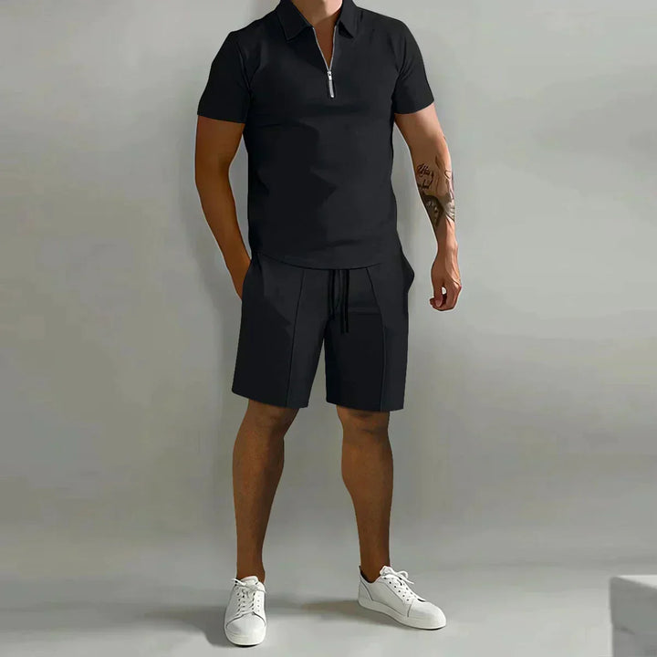 Stylish men's casual two-piece set: a zip polo shirt and shorts, perfect for summer relaxation or weekend wear.