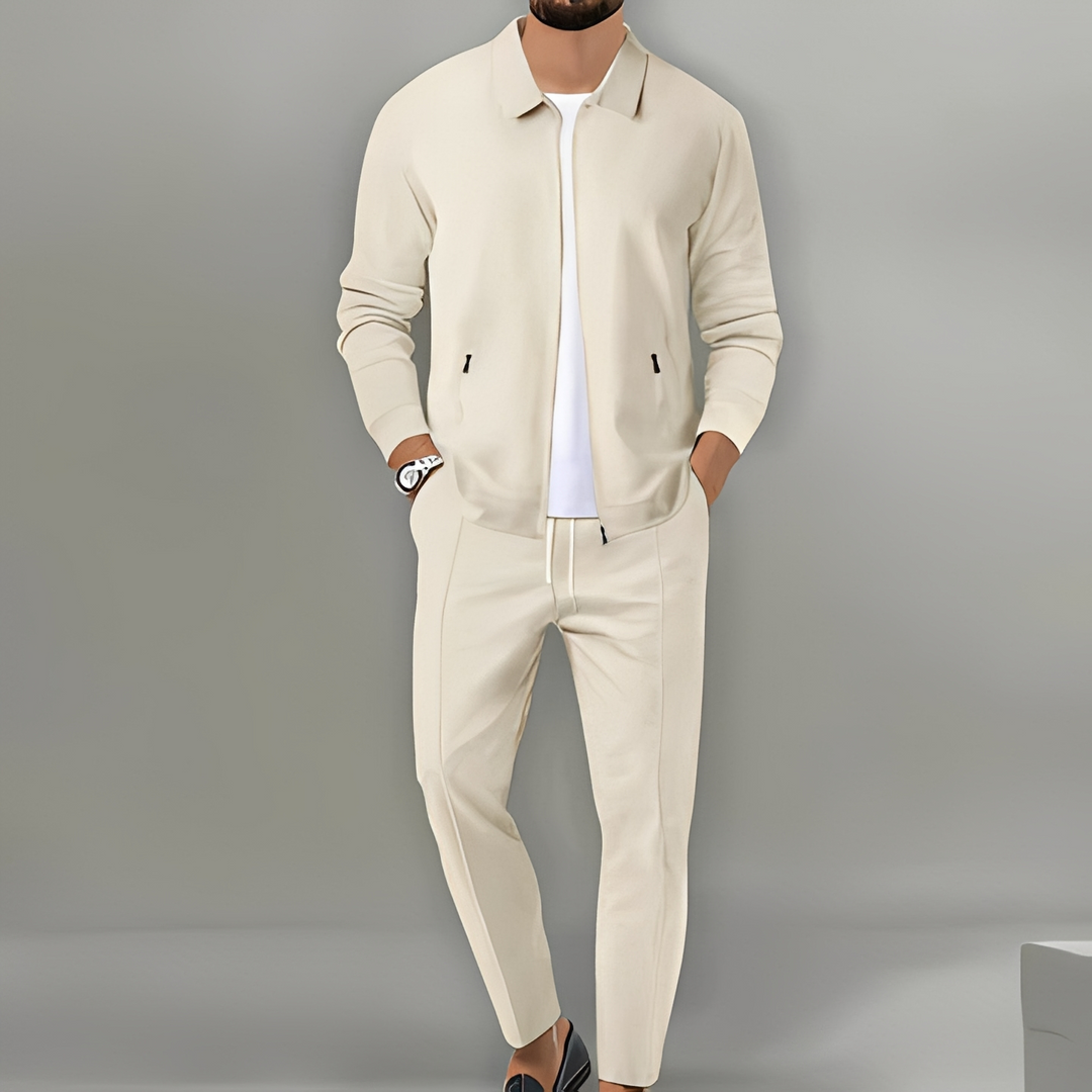 Men's matching zip-up jacket & track pants set. Comfortable athletic leisure wear for men.