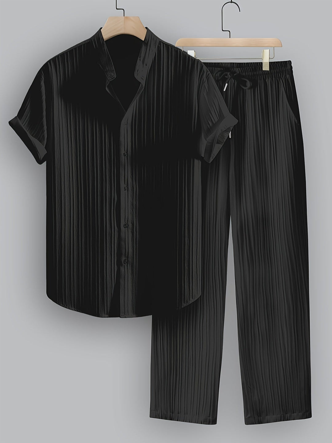 Modern men's summer fashion set. Short-sleeve shirt & comfy drawstring pants, ideal for casual wear.