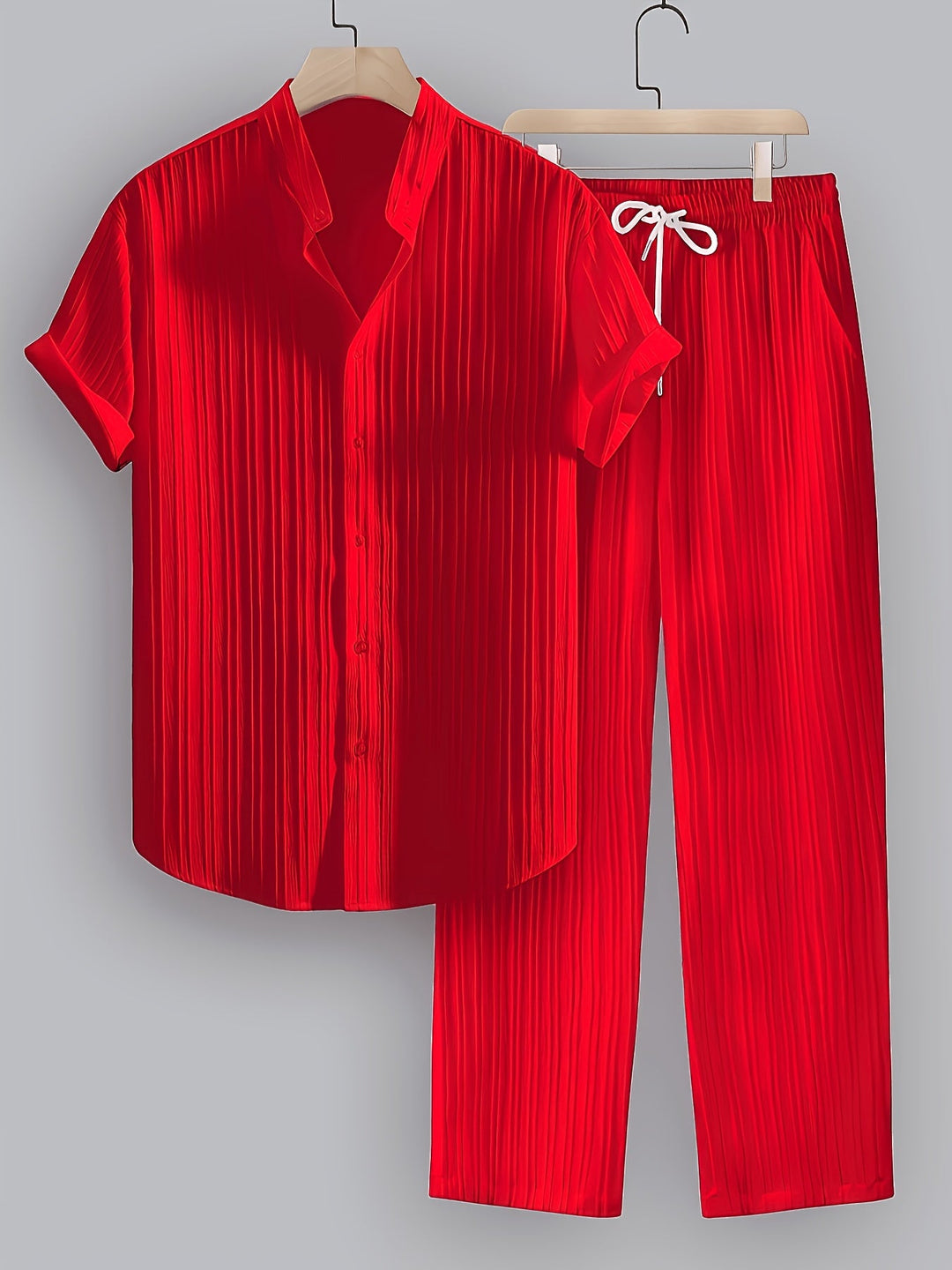 Men's complete summer casual look. Stylish 2-piece set: short-sleeve shirt & comfortable drawstring pants.