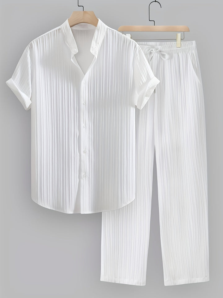 Stylish men's summer outfit. Breathable shirt & drawstring pants. Perfect casual resort wear.