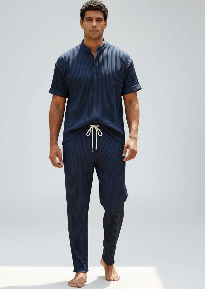 Relaxed fit men's 2-piece set. Short-sleeve casual shirt & elastic waist drawstring pants for summer.