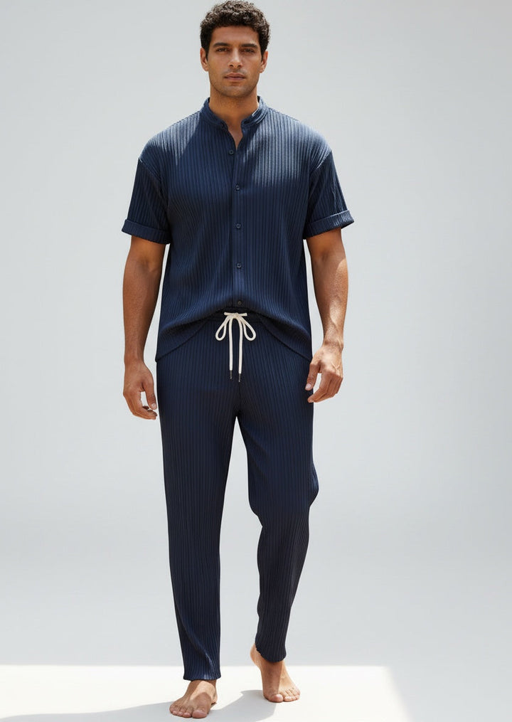 Relaxed fit men's 2-piece set. Short-sleeve casual shirt & elastic waist drawstring pants for summer.
